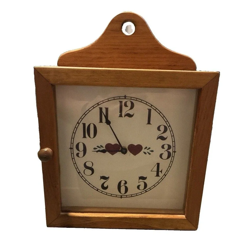 Wood Hearts Hanging Wall Clock Brown Square Analog Quartz Battery Powered